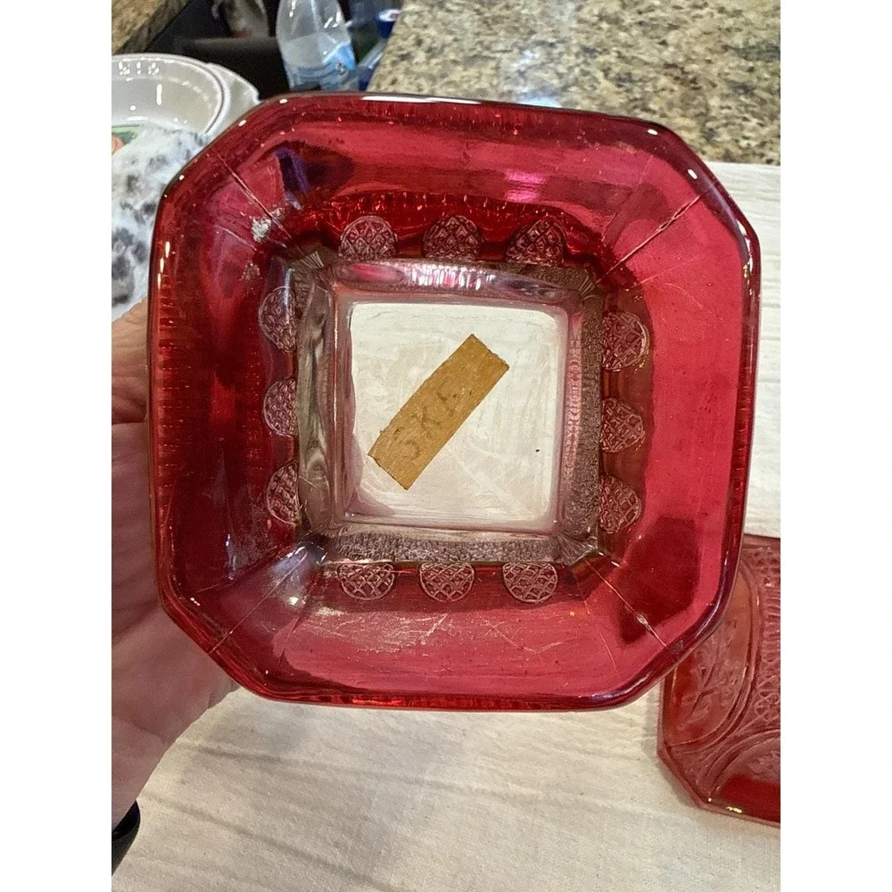 Vintage Ruby Red Glass Candy Dish with Lid Floral Rose Pattern Footed Square 7in